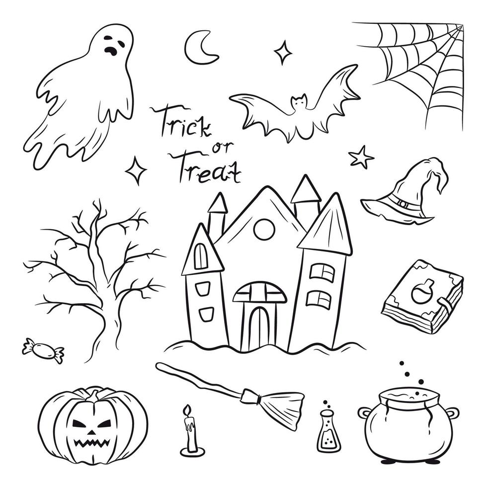 reeks van hand- getrokken halloween doodles en belettering. truc of traktatie, geest, pompoen, web, kasteel, hout, knuppel, heks hoed. Super goed ontwerp voor ieder doeleinden. vector illustratie