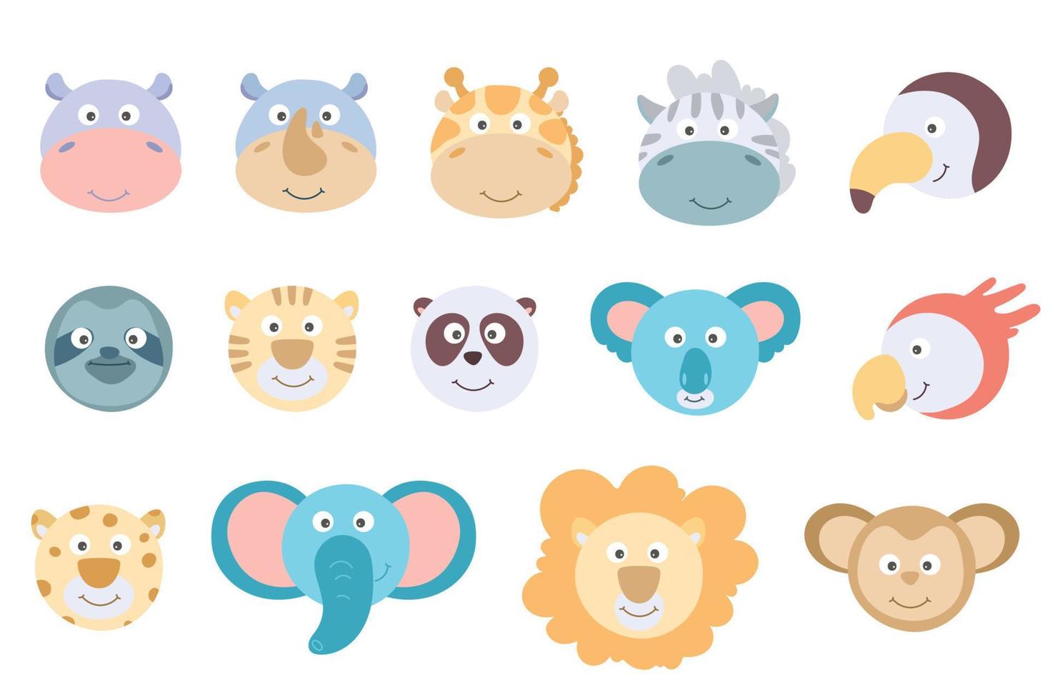 schattig dier gezichten set. hand- getrokken karakters. leeuw, giraffe, olifant, schildpad, zebra, papegaai, nijlpaard, aap, luiaard, neushoorn, panda, tijger, panda, toekan. hoofden wild dier vector