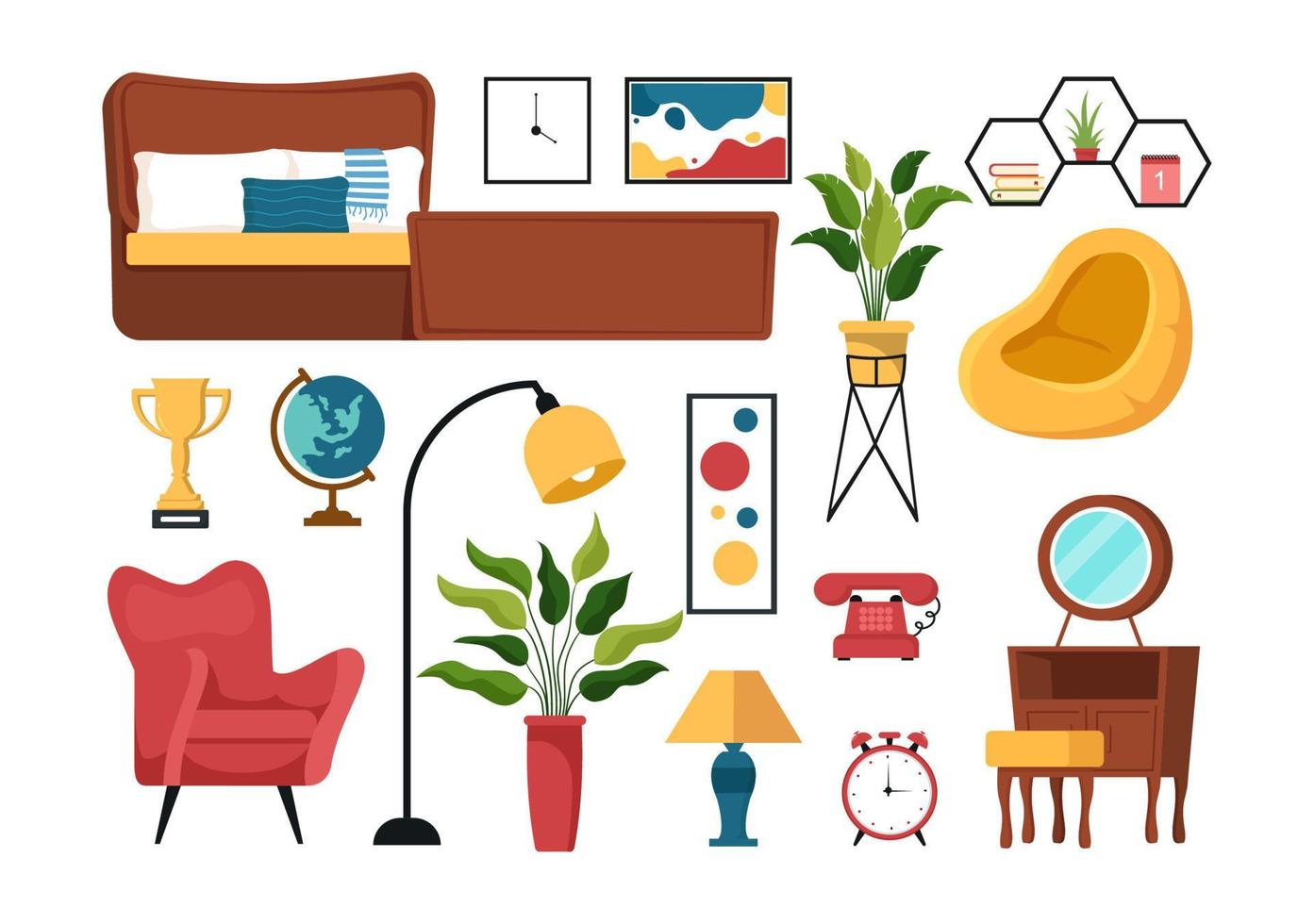 huis decor sjabloon hand- getrokken tekenfilm illustratie de reeks van meubilair en leven kamer interieur in vlak stijl ontwerp vector