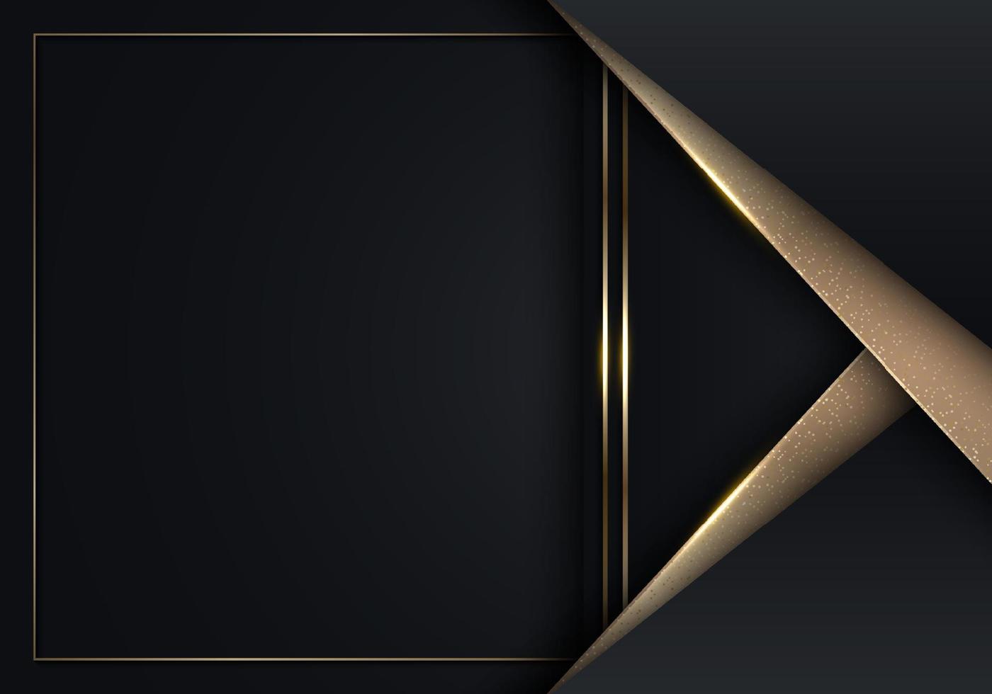 3d modern luxe sjabloon ontwerp zwart en goud strepen met gouden kader lijn en licht vonken Aan donker achtergrond vector
