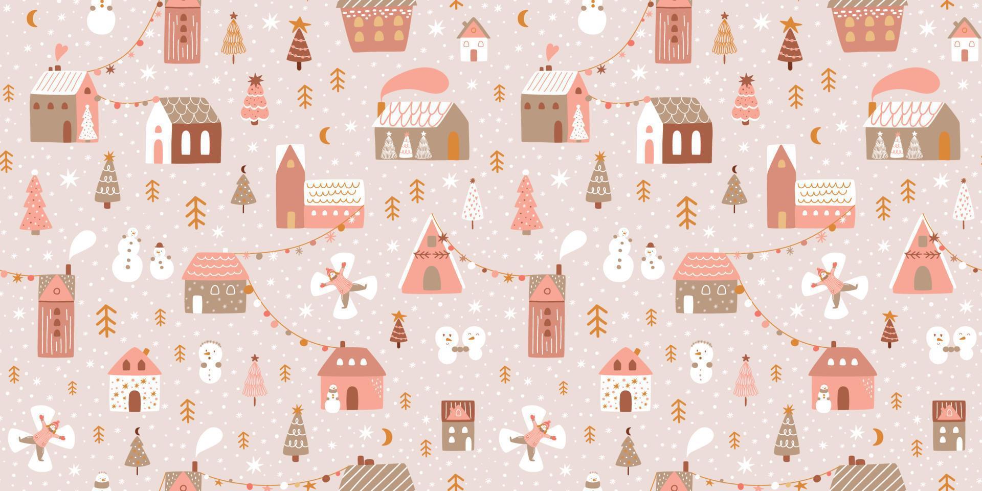 roze Kerstmis dorp. buitenshuis Kerstmis tafereel. winter dorp illustraties. roze Kerstmis naadloos patroon panoramisch vector achtergrond. magisch winter huizen, sneeuwmannen, Kerstmis boom, sneeuwengel.