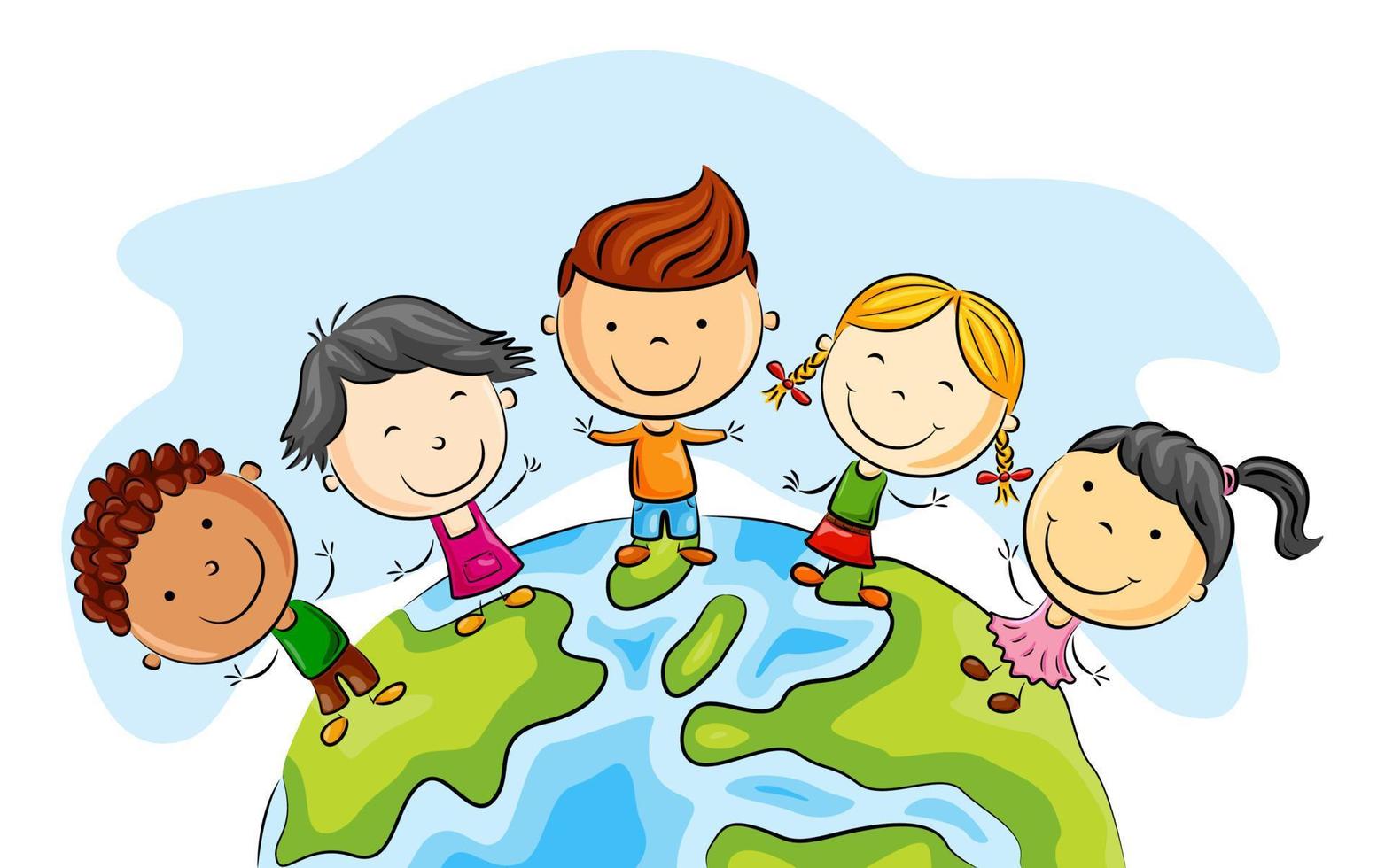 gelukkig kind tekenfilm staand in de omgeving van de wereld vector