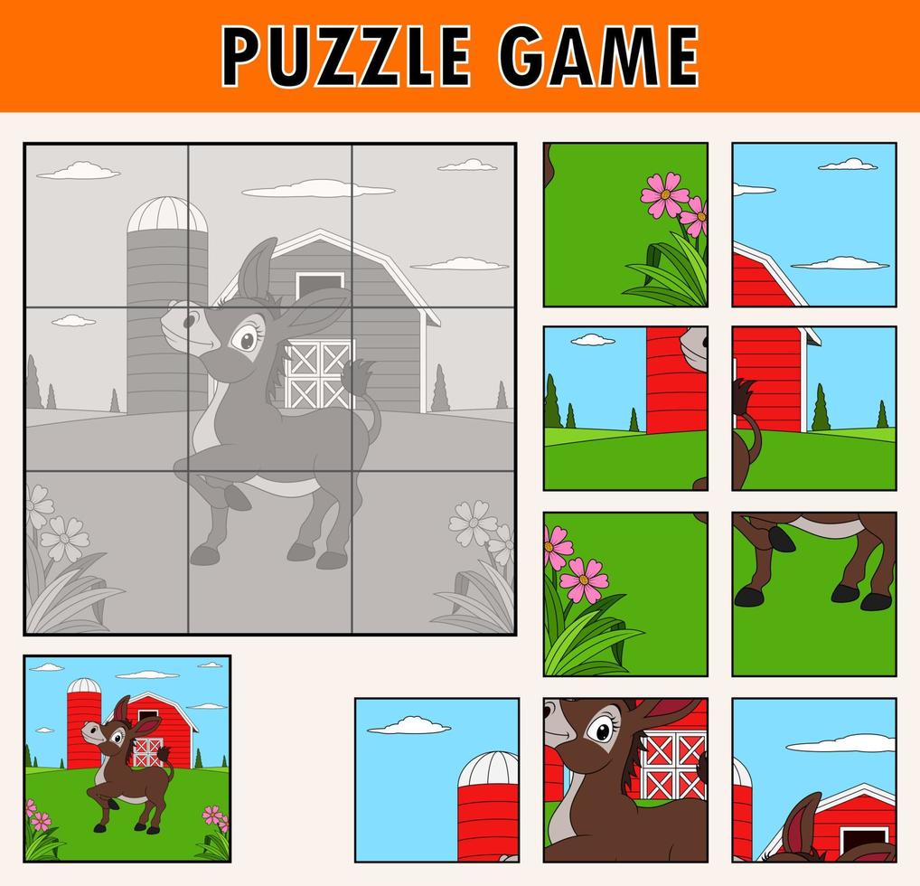 tekenfilm illustratie van leerzaam decoupeerzaag puzzel voor kinderen met schattig ezel boerderij dier vector