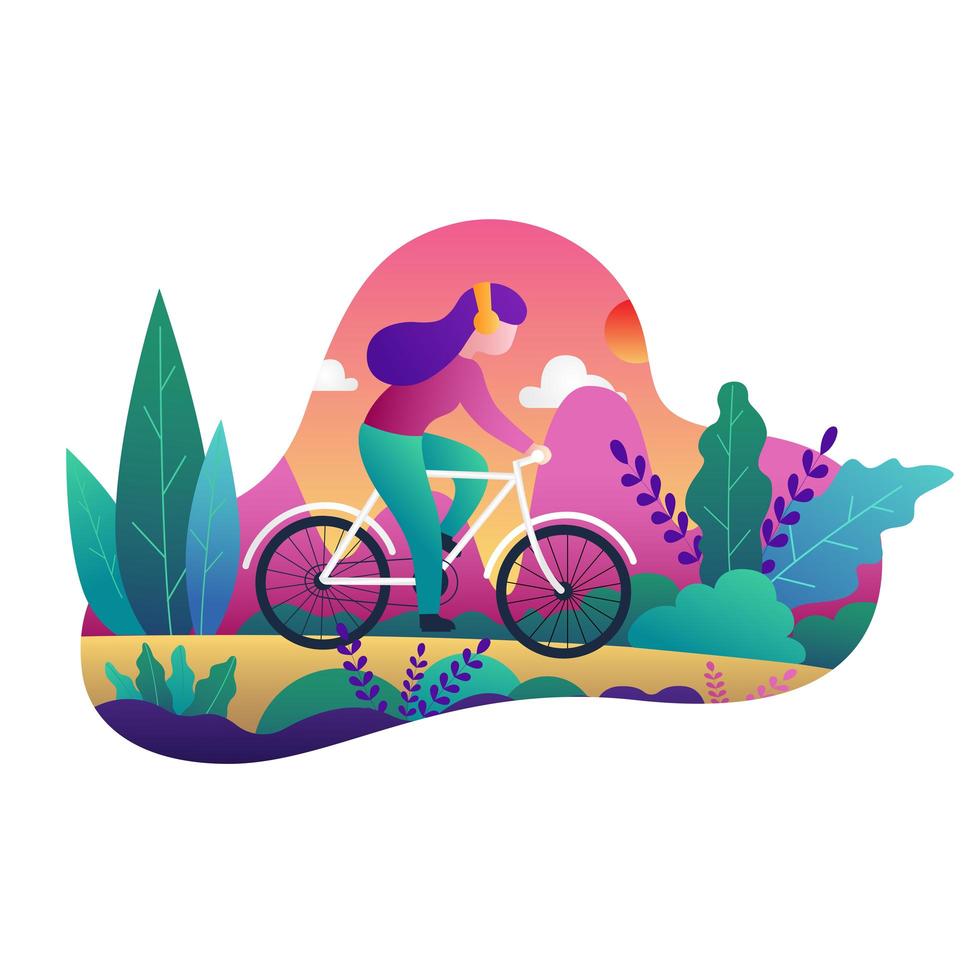meisje op fiets met koptelefoon in kleurrijke landschap vector