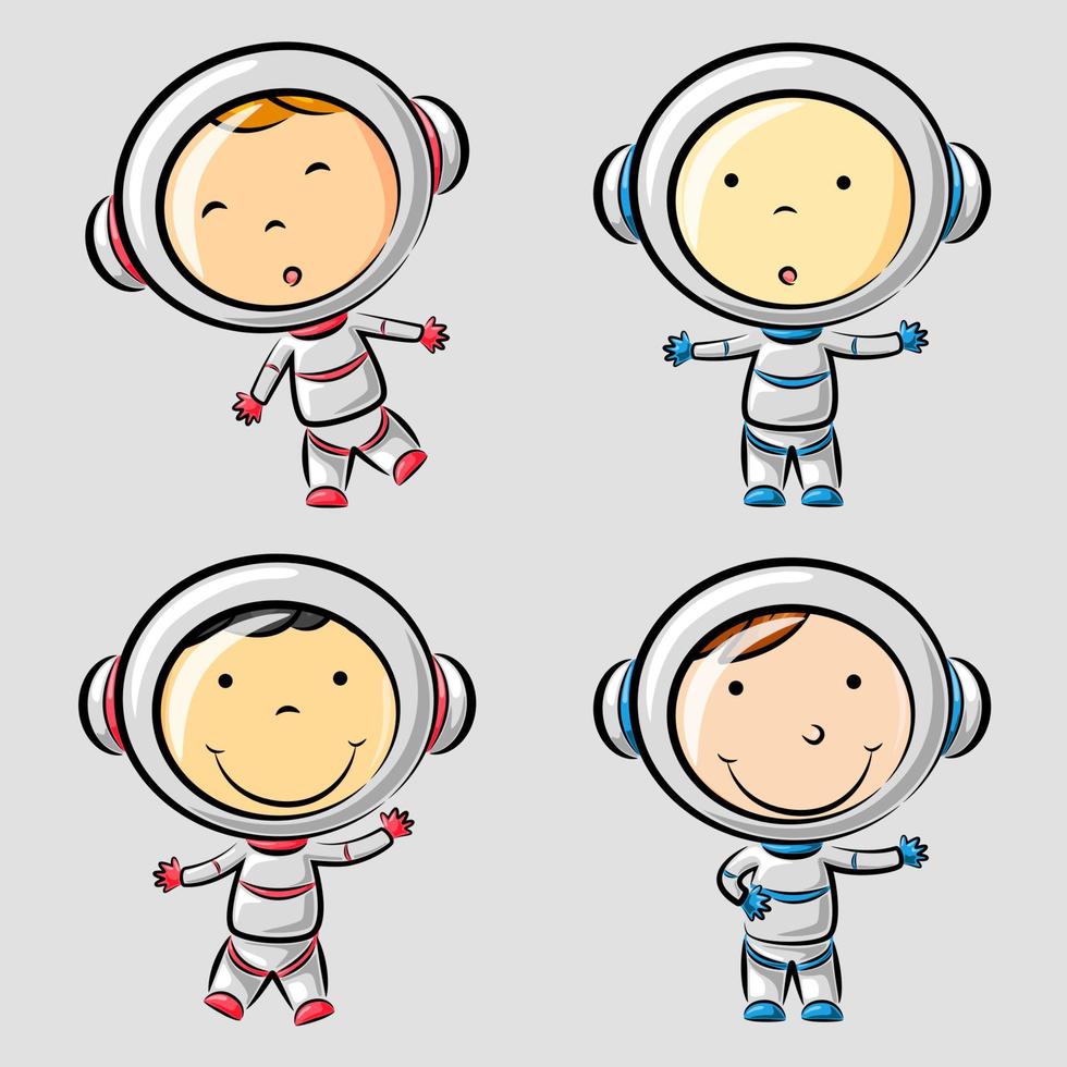 grappig weinig astronaut in verschillen poses vector