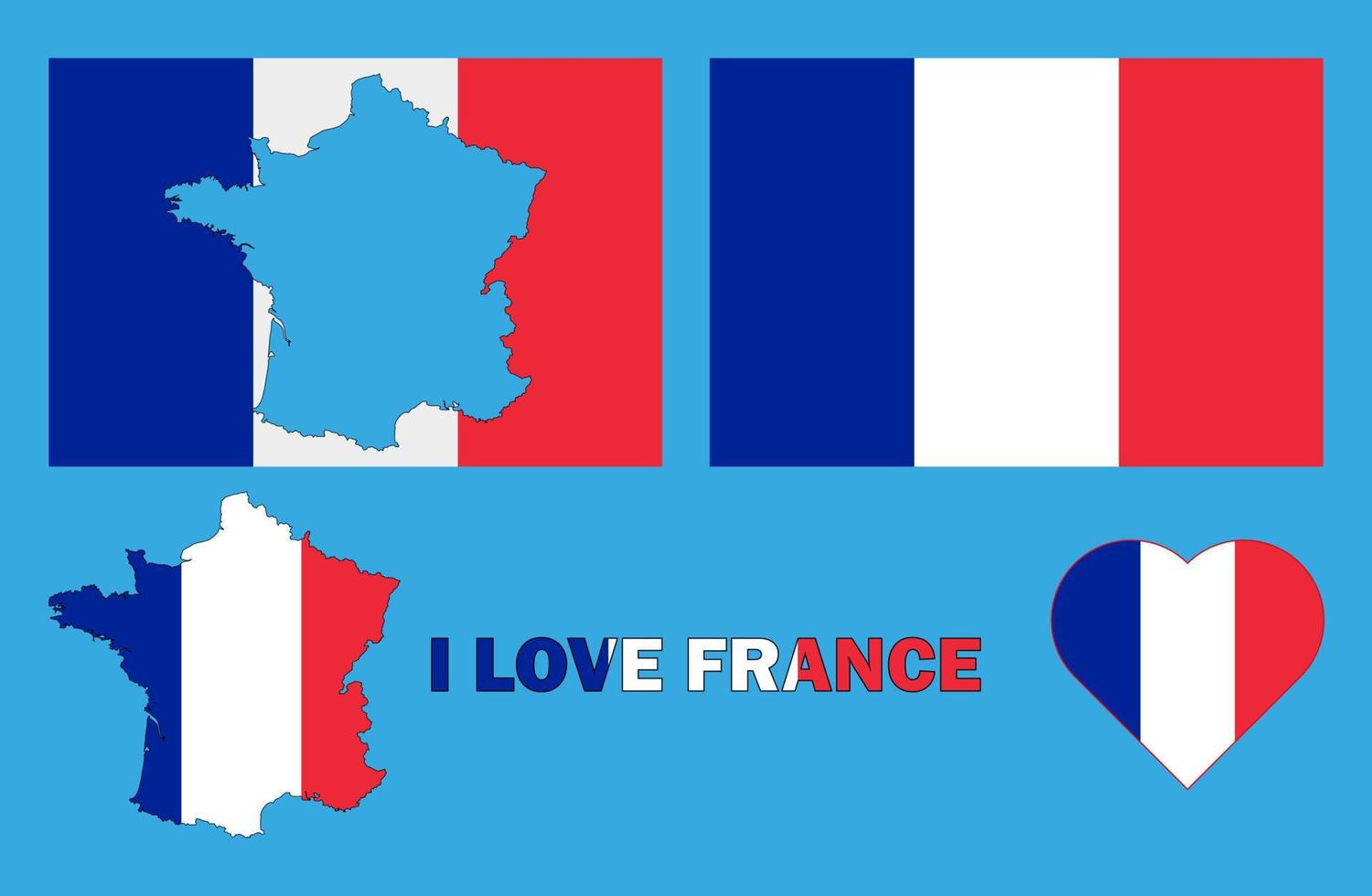 reeks van vector illustraties met Frankrijk vlag, land schets kaart en hart. reizen concept.