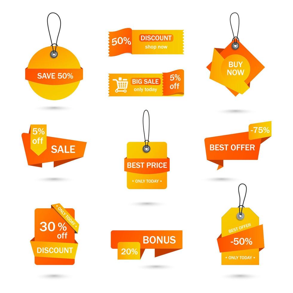 vectorstickers, prijskaartje, banner, etiket. couponverkoop, aanbiedingen en promoties vectorsjabloon. winkel prijskaartje, detailhandel, handel, zaken. set van tekstballonnen vector