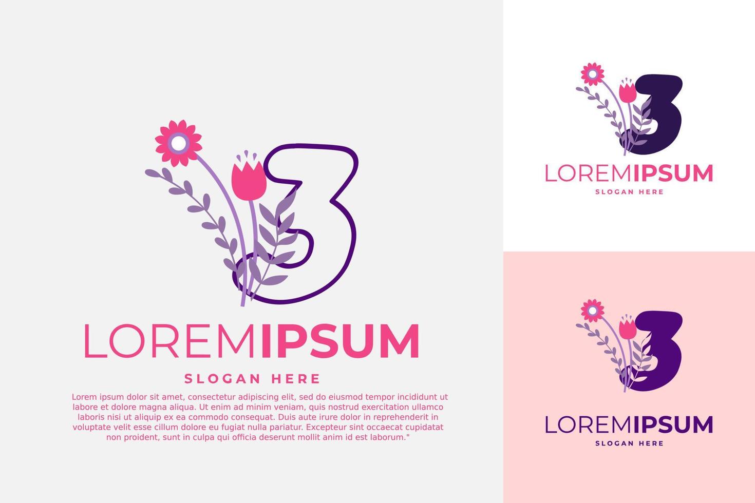 numeriek 3 logo ontwerp vector sjabloon illustratie met bloemen
