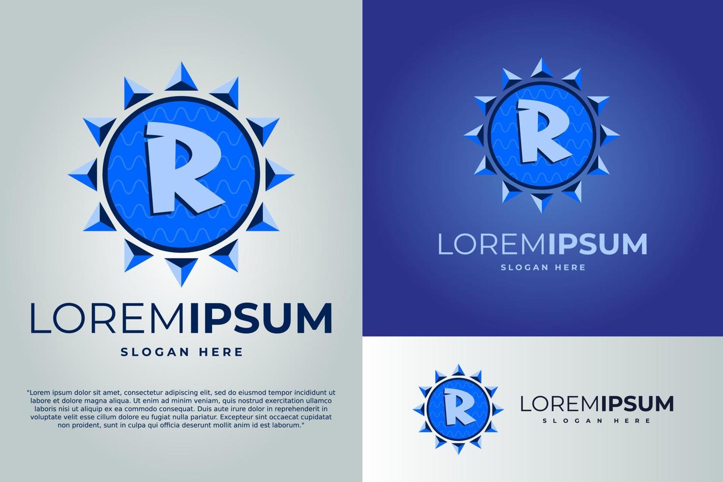 brief r en zon met golven logo ontwerp vector illustratie sjabloon. insigne logo. zon logo ontwerp sjabloon. insigne logo