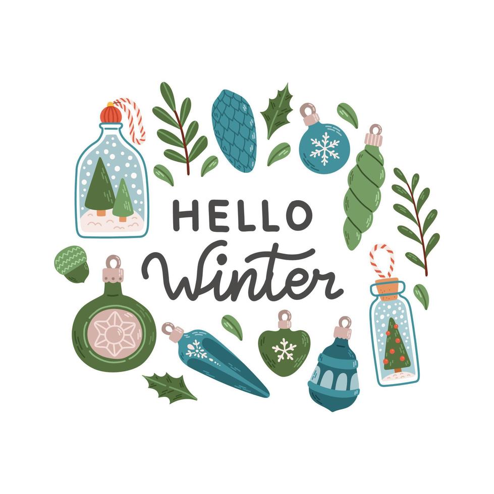 Hallo winter uitdrukking met krans belettering geïsoleerd vector illustratie