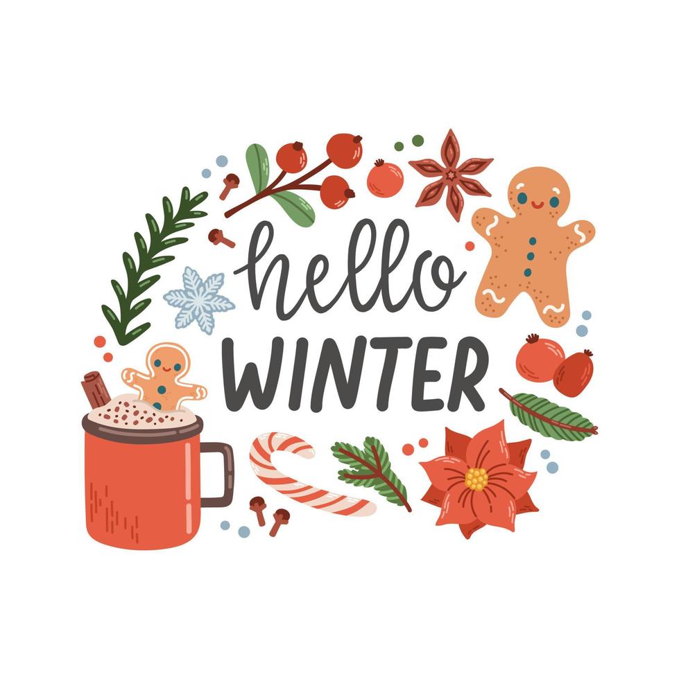 Hallo winter uitdrukking met krans belettering geïsoleerd vector illustratie