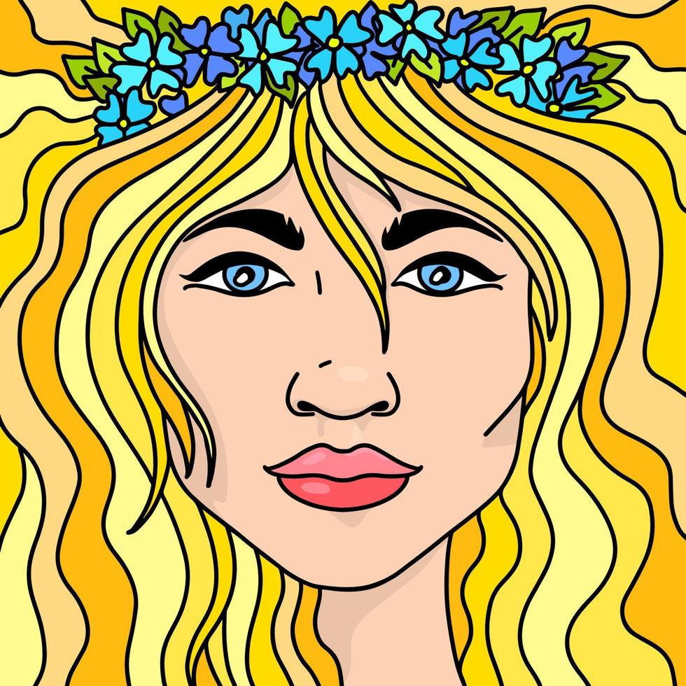 blond meisje portret met blauw bloemen in haar haar- vector