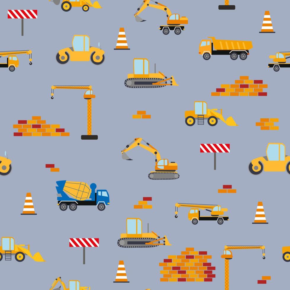 schattig kinderachtig naadloos patroon met geel auto dump vrachtwagen, kraan, beton mixer. bouw plaats illustratie in tekenfilm stijl vector