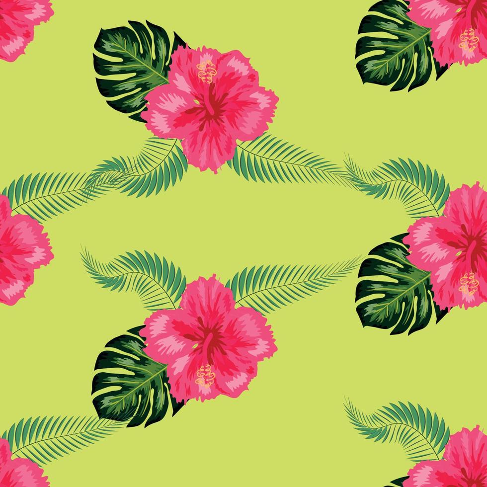 tropisch hibiscus bloemen en palm bladeren boeketten naadloos patroon vector