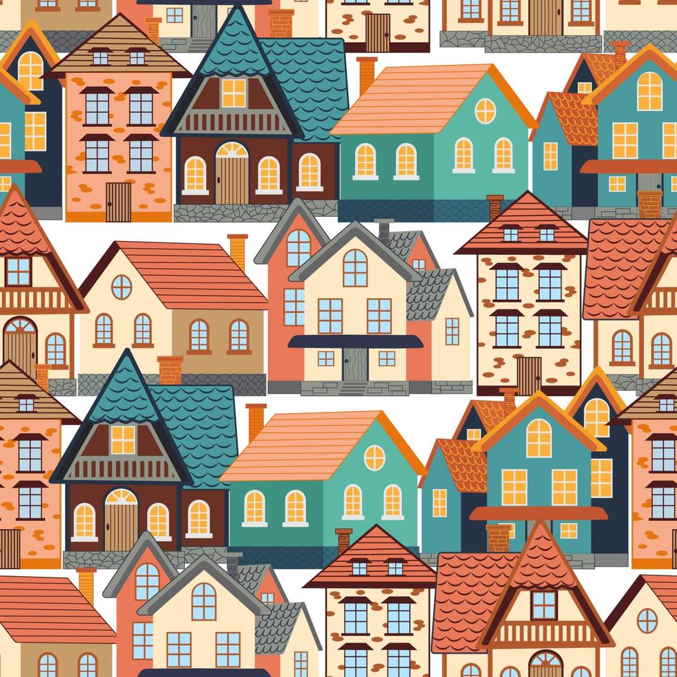 naadloos patroon van grappig huizen. dicht bevolkt stad. vector