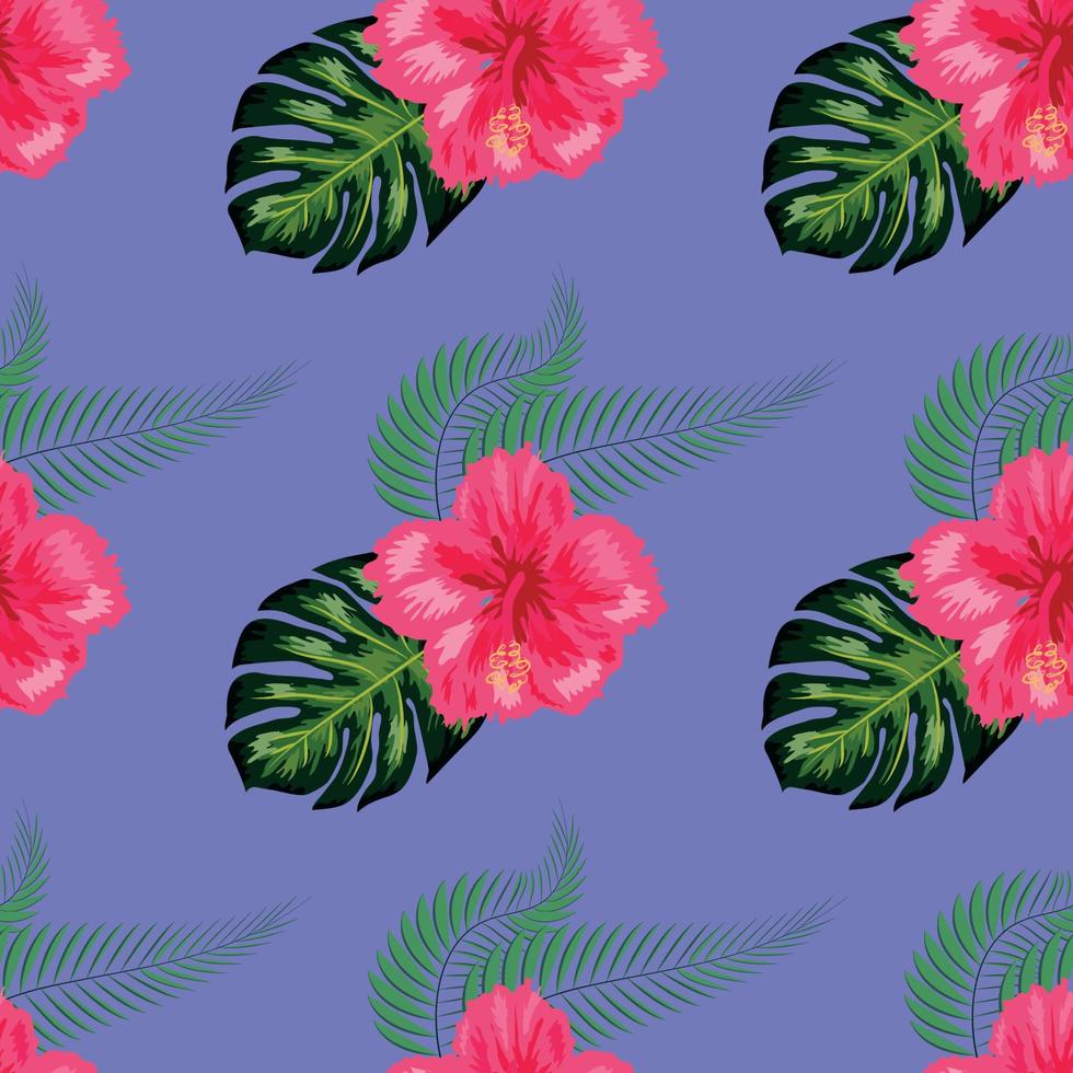 tropisch hibiscus bloemen en palm bladeren boeketten naadloos patroon vector