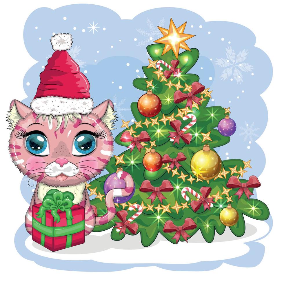 schattig tekenfilm kat in santa's hoed in de buurt de versierd Kerstmis boom. winter 2023, Kerstmis en Chinese nieuw vector