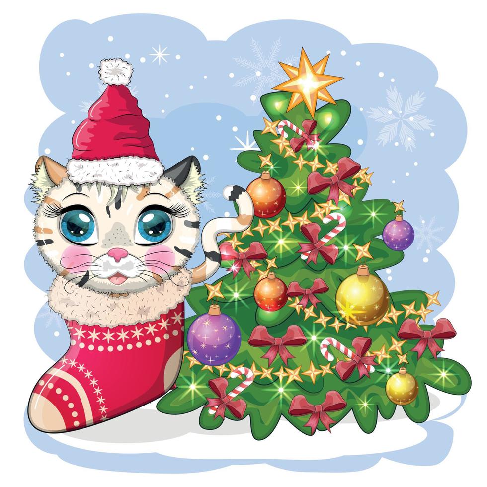 schattig tekenfilm kat in santa's hoed in de buurt de versierd Kerstmis boom. winter 2023, Kerstmis en Chinese nieuw vector