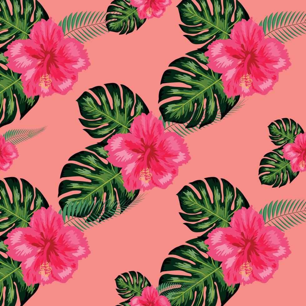 tropisch hibiscus bloemen en palm bladeren boeketten naadloos patroon vector