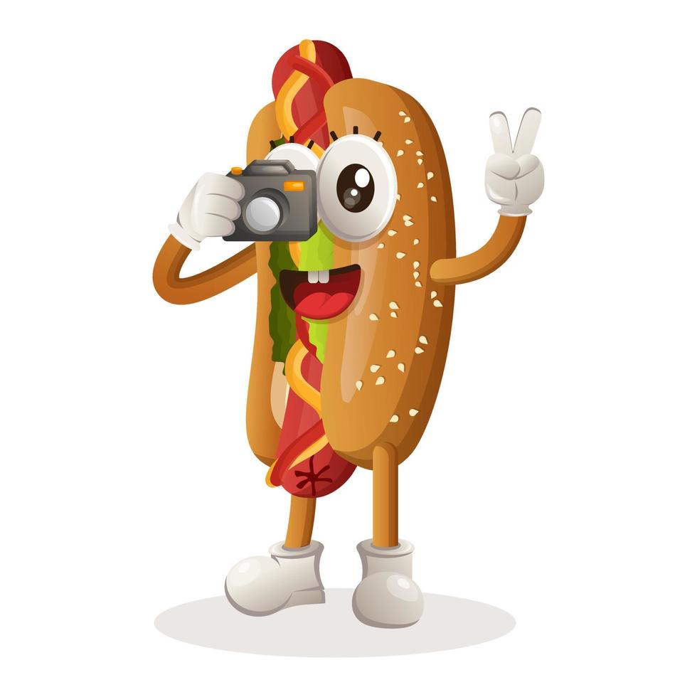 schattig hotdog mascotte nemen foto met camera vector