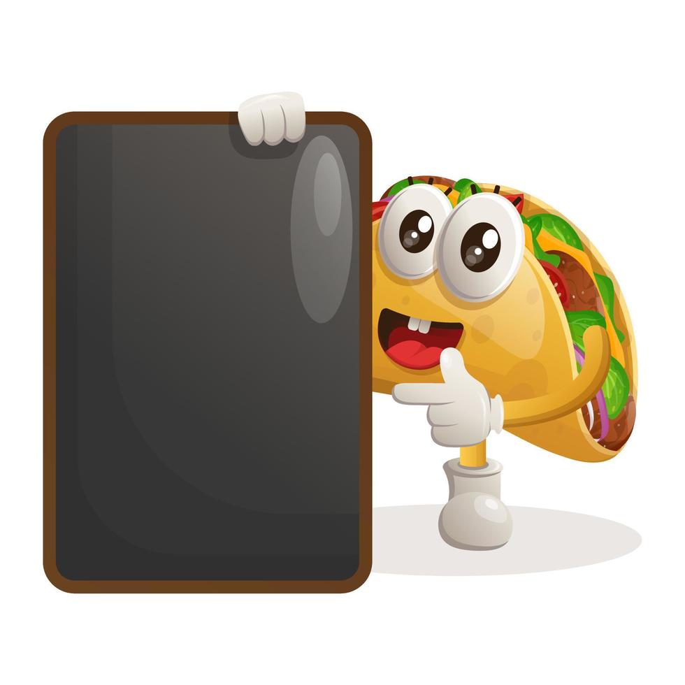 schattig taco mascotte Holding menu zwart bord, menu bord, teken bord vector