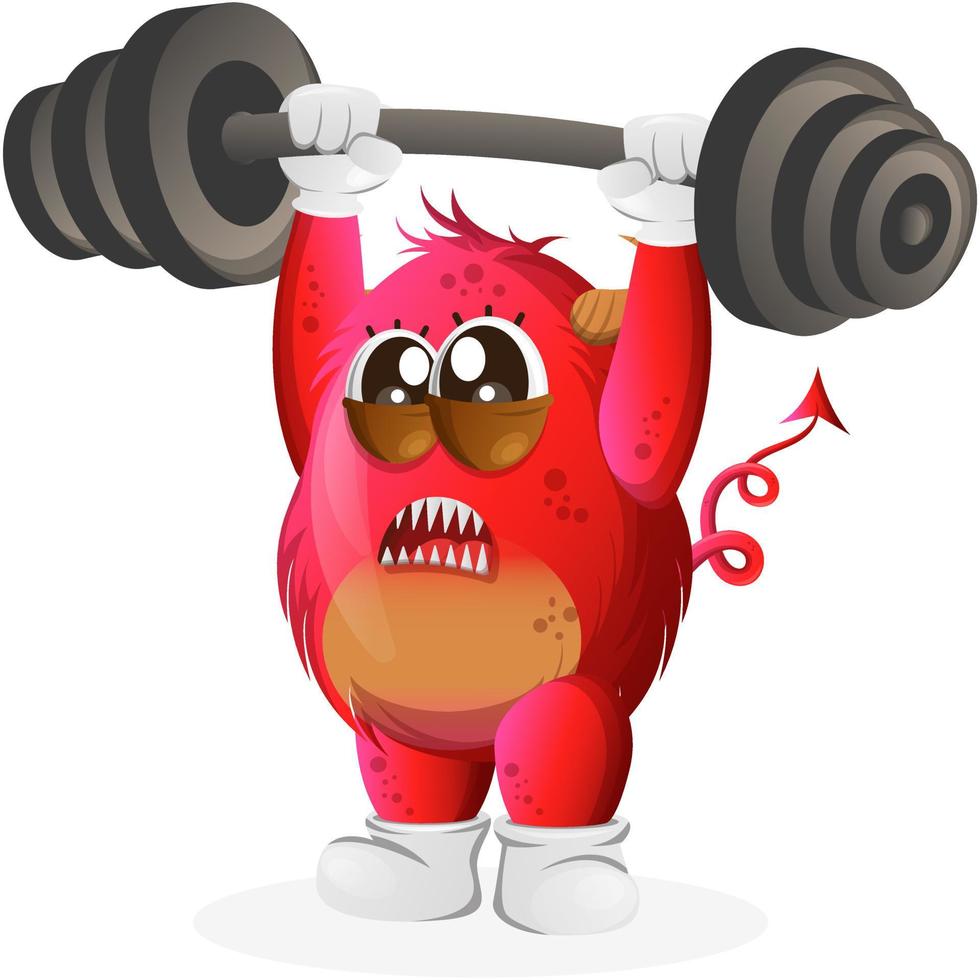 vector schattig rood monster bodybuilding met barbell