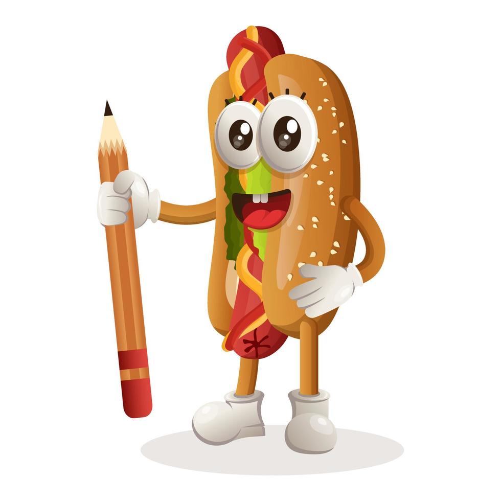 schattig hotdog mascotte Holding potlood vector