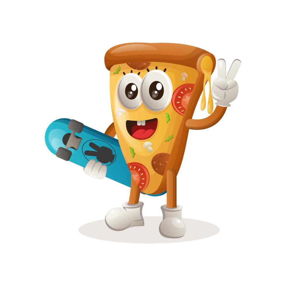 schattig pizza mascotte draag- een skateboard vector