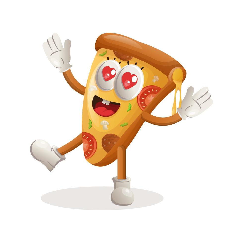 schattig pizza mascotte speels en gelukkig vector