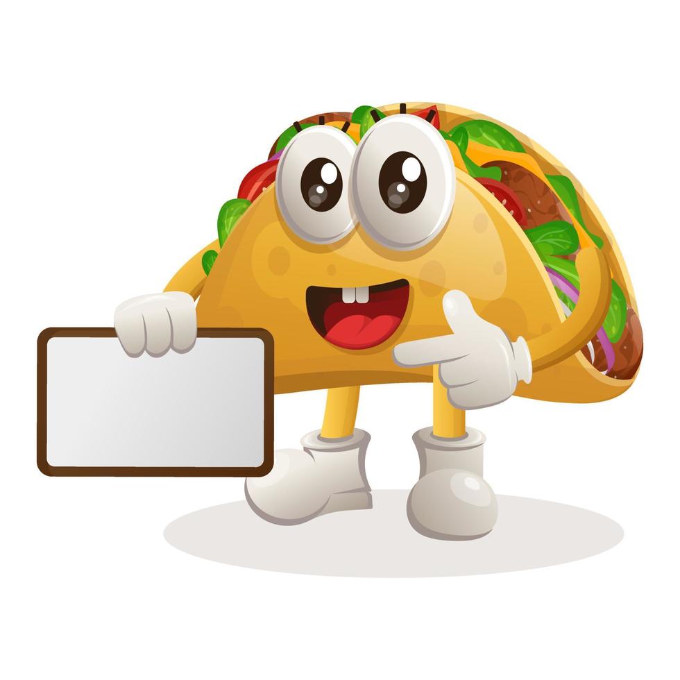 schattig taco mascotte Holding reclameborden voor uitverkoop, teken bord vector