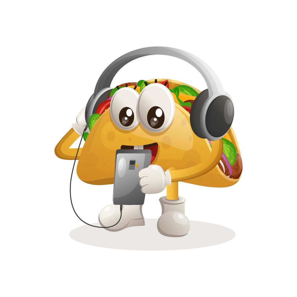 schattig taco mascotte luisteren muziek- Aan een smartphone gebruik makend van een koptelefoon vector