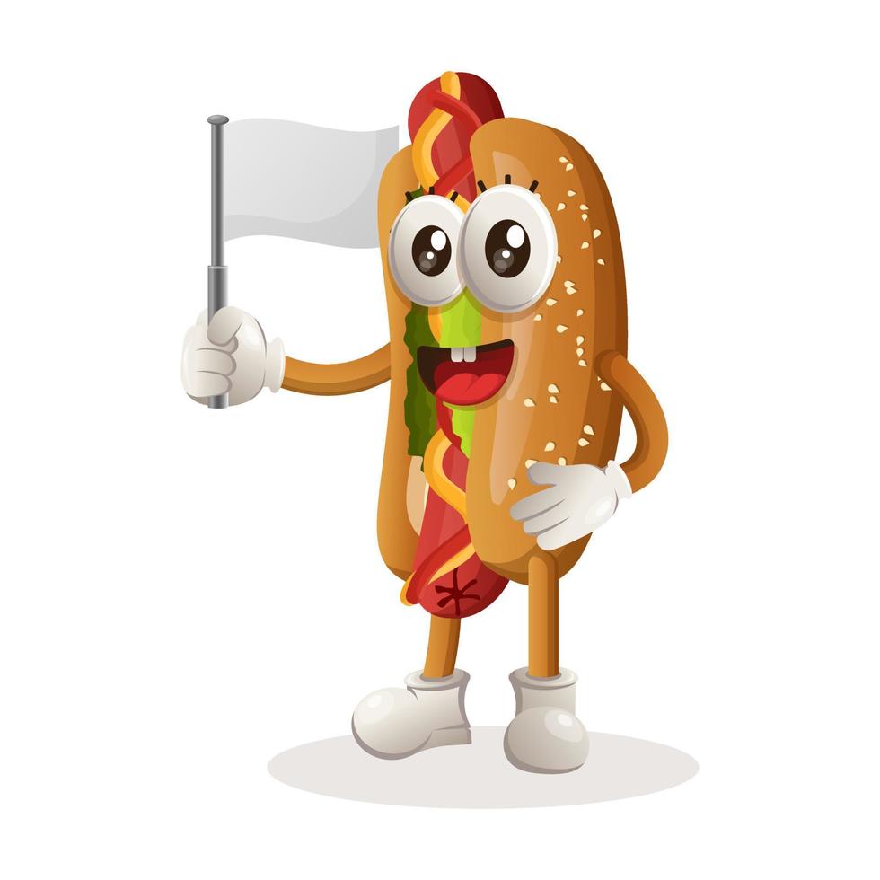 schattig hotdog mascotte golvend wit leeg vlag vector