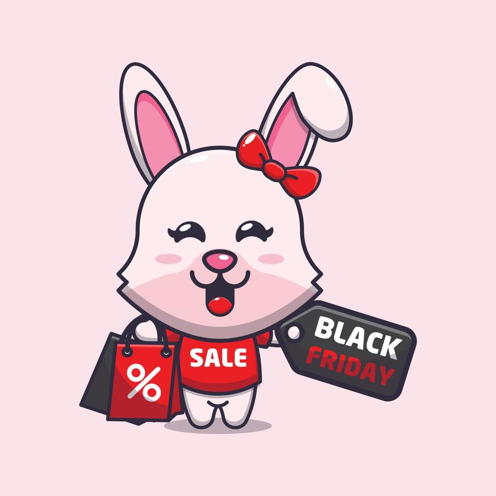 schattig konijn in zwart vrijdag tekenfilm illustratie vector