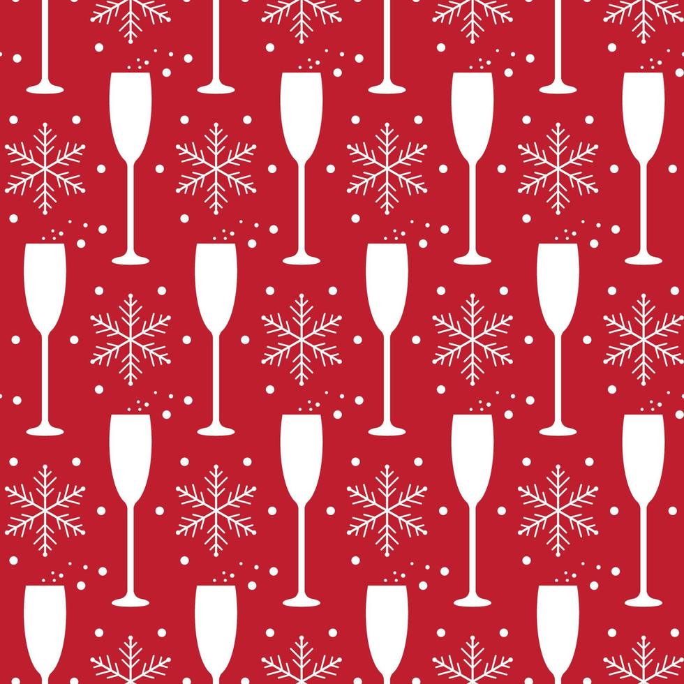 Kerstmis en nieuw jaar naadloos patroon met Champagne bril en sneeuwvlokken Aan rood achtergrond. vector