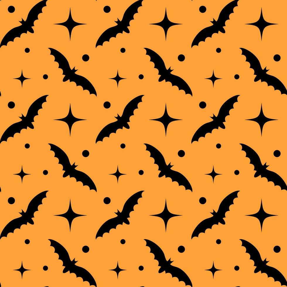halloween naadloos patroon met zwart vleermuizen en retro sterren Aan oranje achtergrond. voor omhulsel papier, kleding stof afdrukken, groet kaarten ontwerp vector