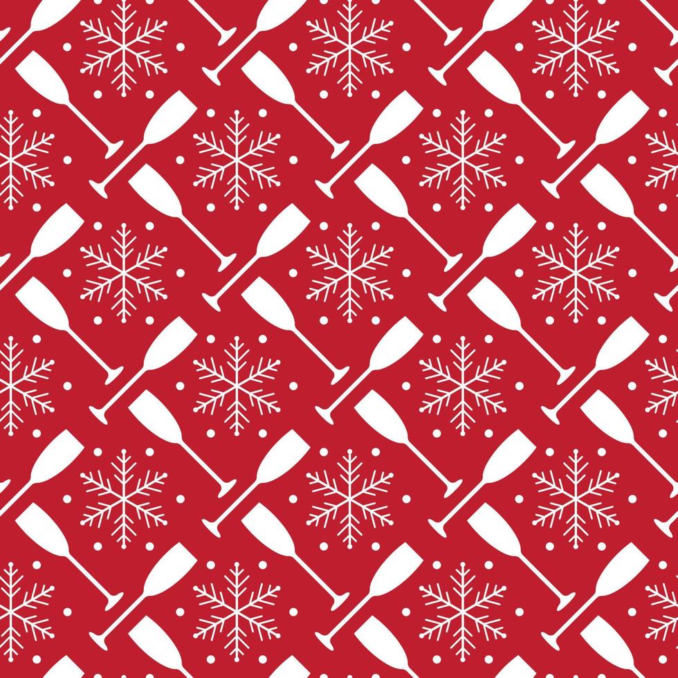 Kerstmis en nieuw jaar naadloos patroon met Champagne bril en sneeuwvlokken Aan rood achtergrond. vector