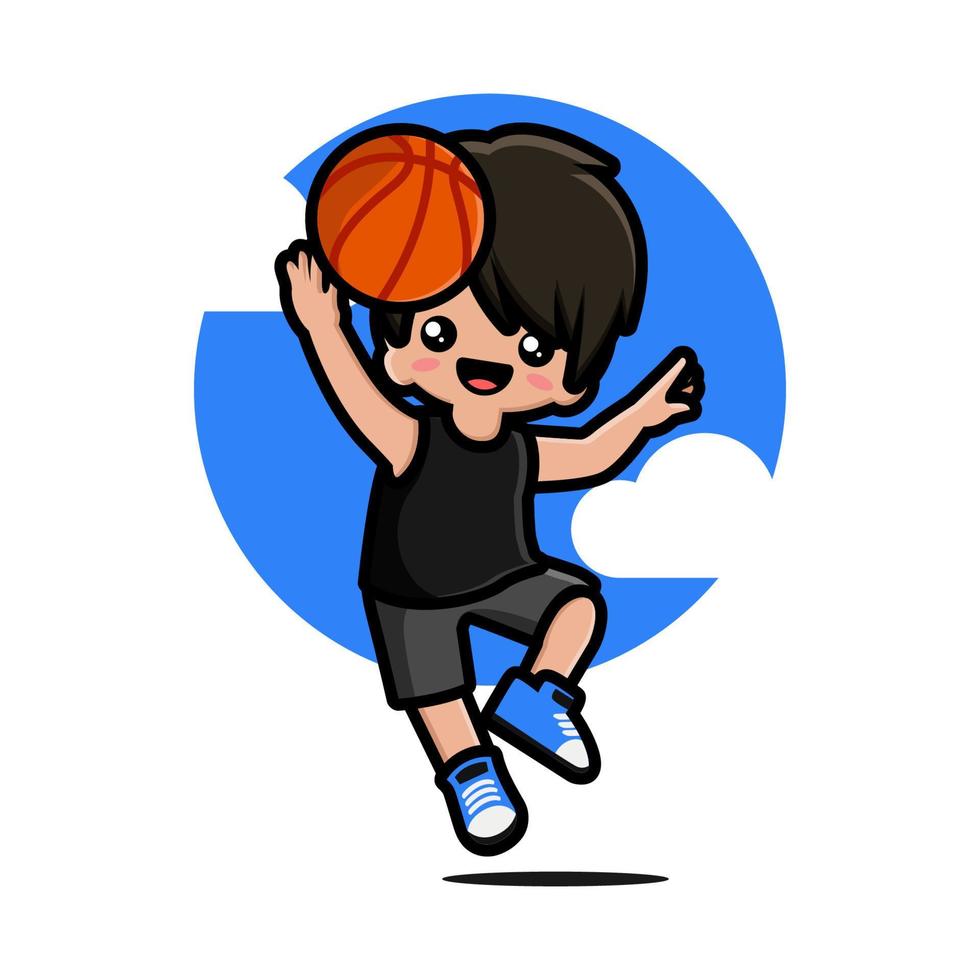 gelukkig schattig jongen spelen basketbal vector