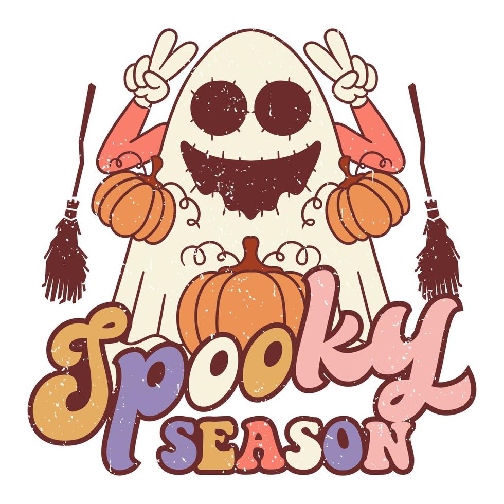 spookachtig seizoen met glimlach geest, schattig retro halloween ontwerp, retro halloween poster. vector