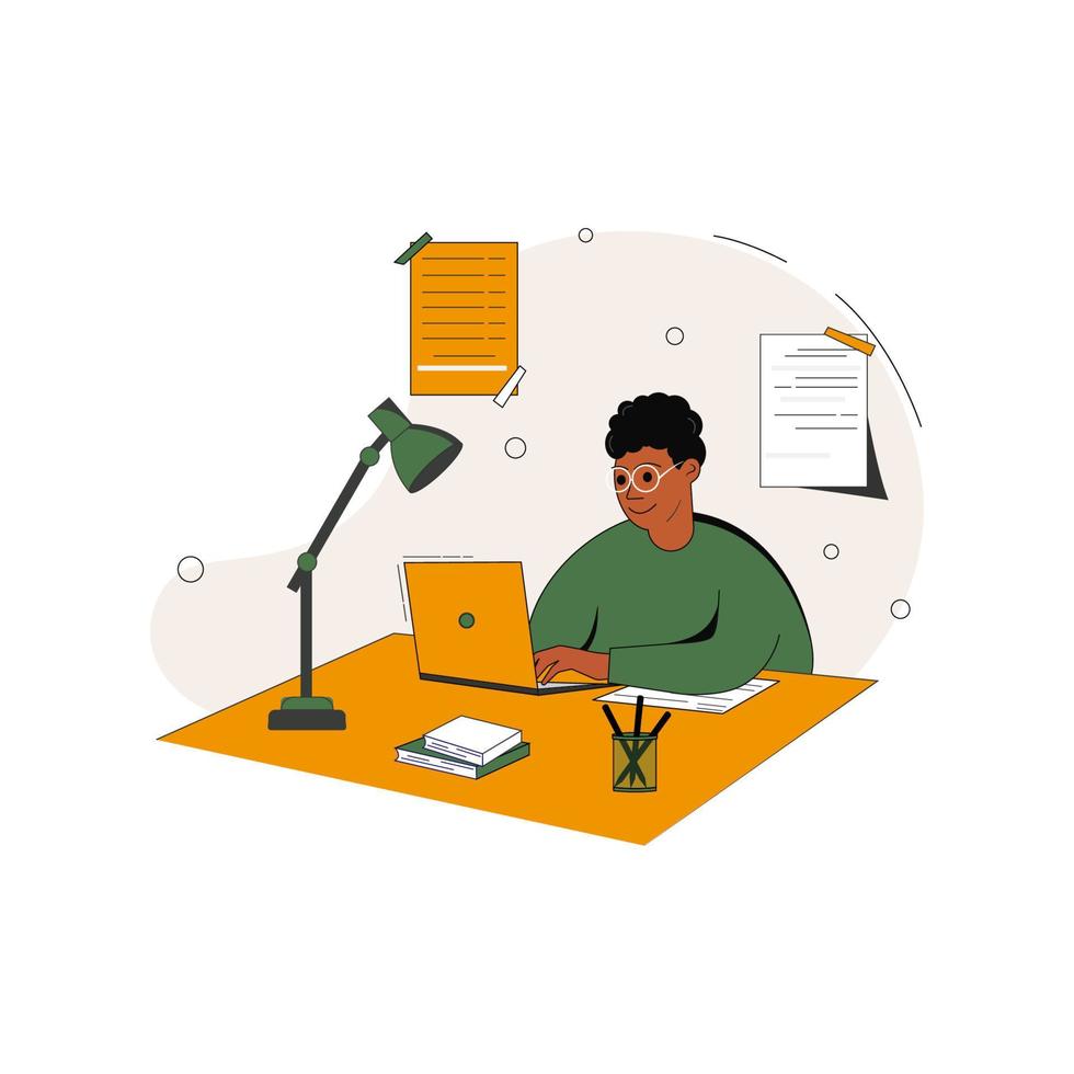 Mens werken of aan het leren Bij huis Bij de tafel. freelance, werk Bij huis, online functie, huis kantoor, e-learning concept. vector illustratie voor poster, banier, website.