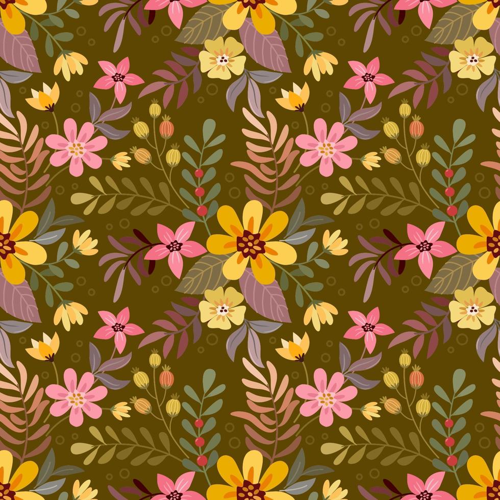 kleurrijk hand- trek bloemen Aan bruin patroon. vector
