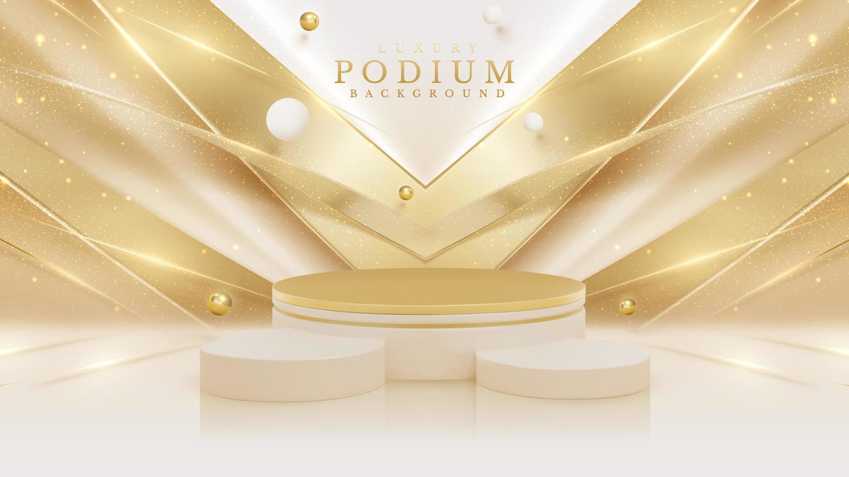 Product Scherm podium met gouden kromme lijn element en bal decoratie en schitteren licht effect. vector illustratie.
