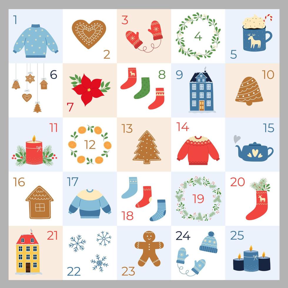 komst kalender met 25 geïllustreerd dagen. Kerstmis decoratief elementen. Kerstmis aftellen. vector