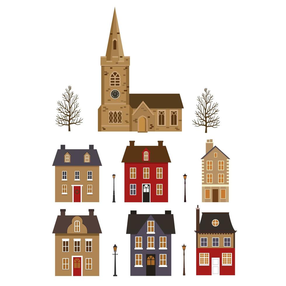 aantal huisjes en kerk en bomen. vector