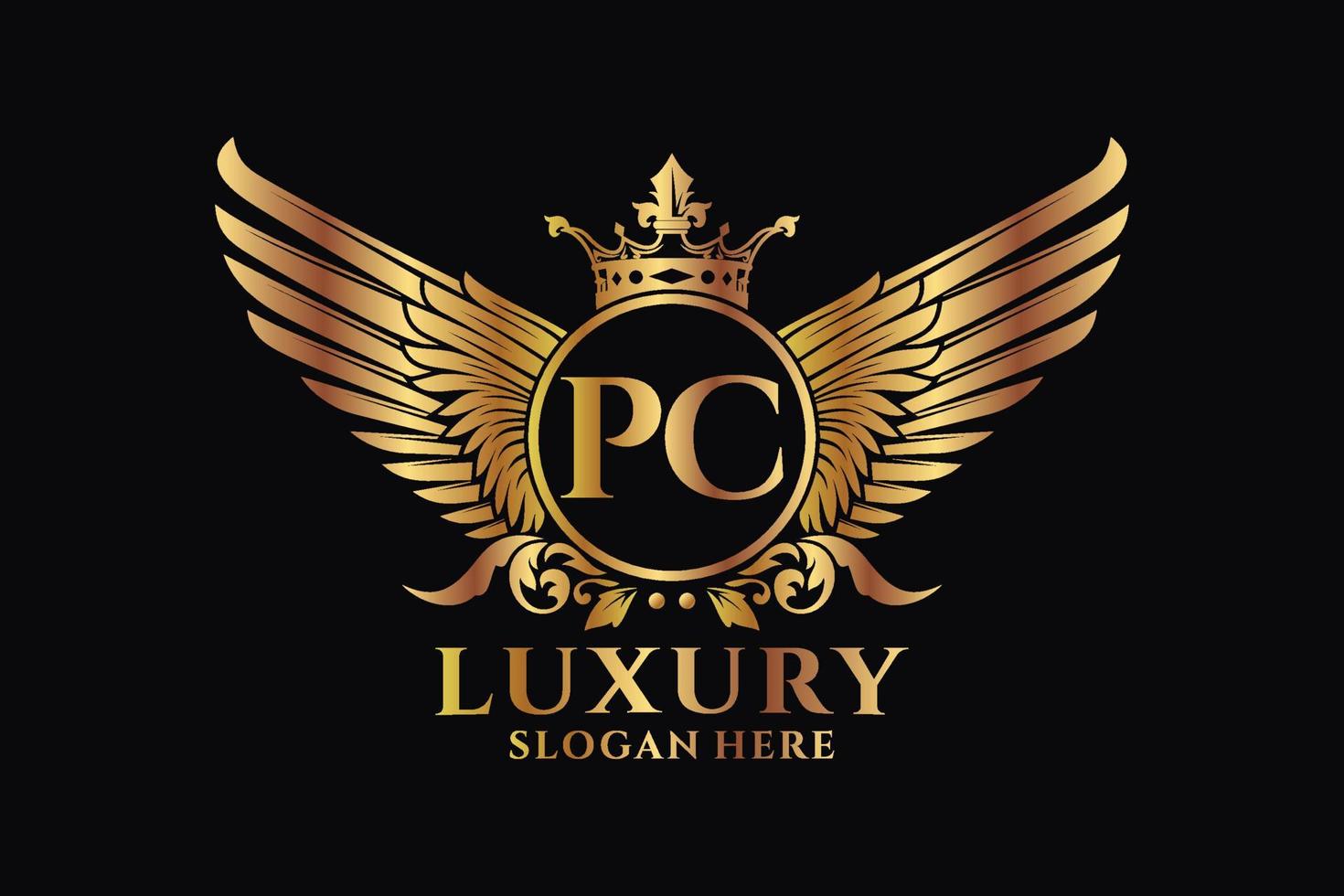 luxe Koninklijk vleugel brief pc kam goud kleur logo vector, zege logo, kam logo, vleugel logo, vector logo sjabloon.