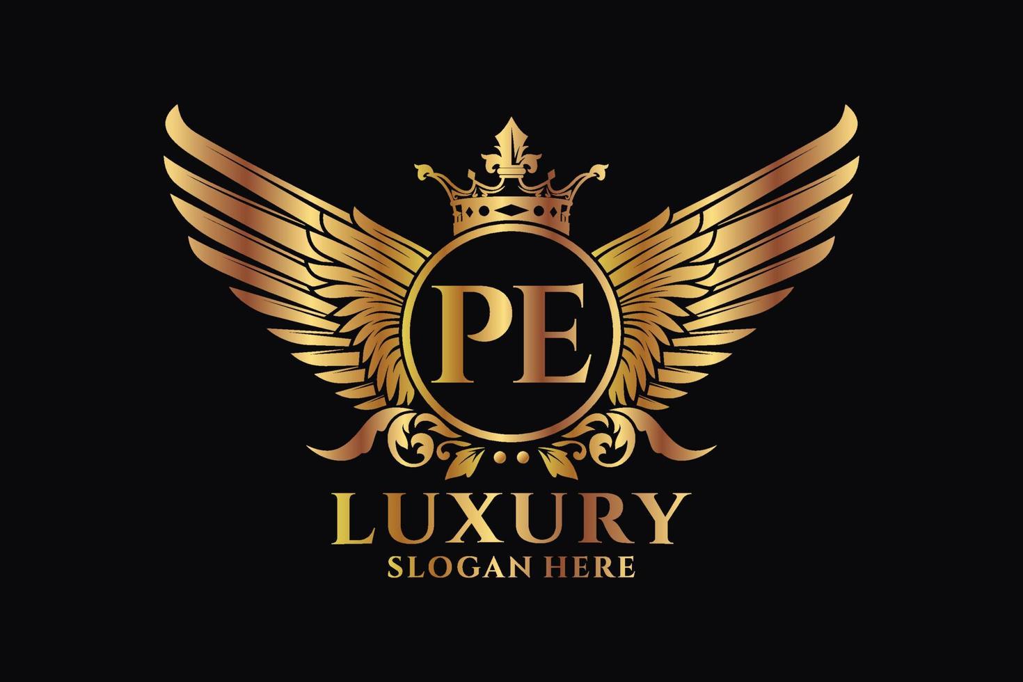 luxe Koninklijk vleugel brief pe kam goud kleur logo vector, zege logo, kam logo, vleugel logo, vector logo sjabloon.