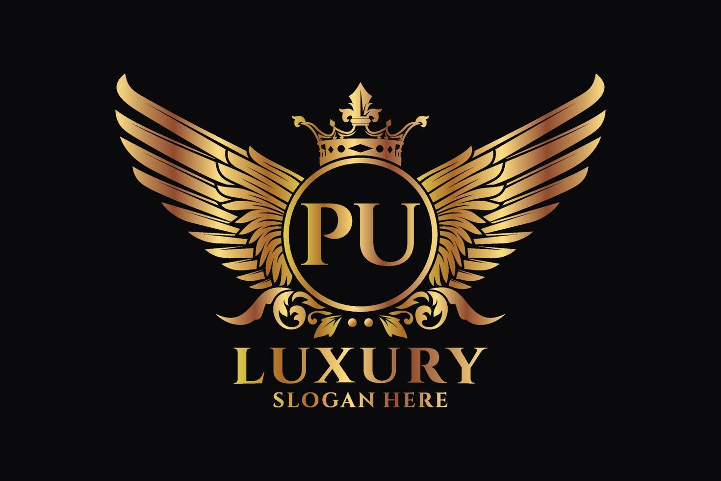 luxe Koninklijk vleugel brief pu kam goud kleur logo vector, zege logo, kam logo, vleugel logo, vector logo sjabloon.