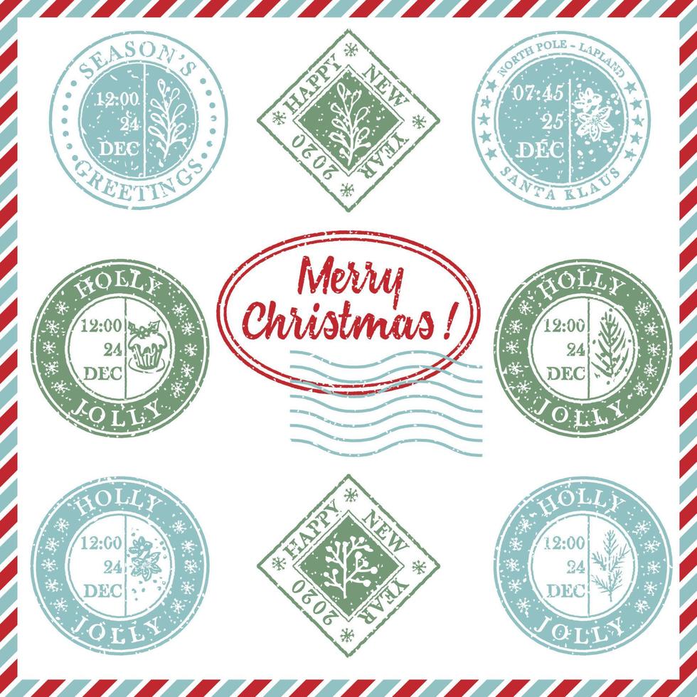 reeks van wijnoogst getextureerde grunge Kerstmis postzegel rubber met vakantie symbolen in rood, groen en blauw kleuren. voor Kerstmis groet kaart, uitnodigingen, web banier, uitverkoop flyers retro ontwerp vector