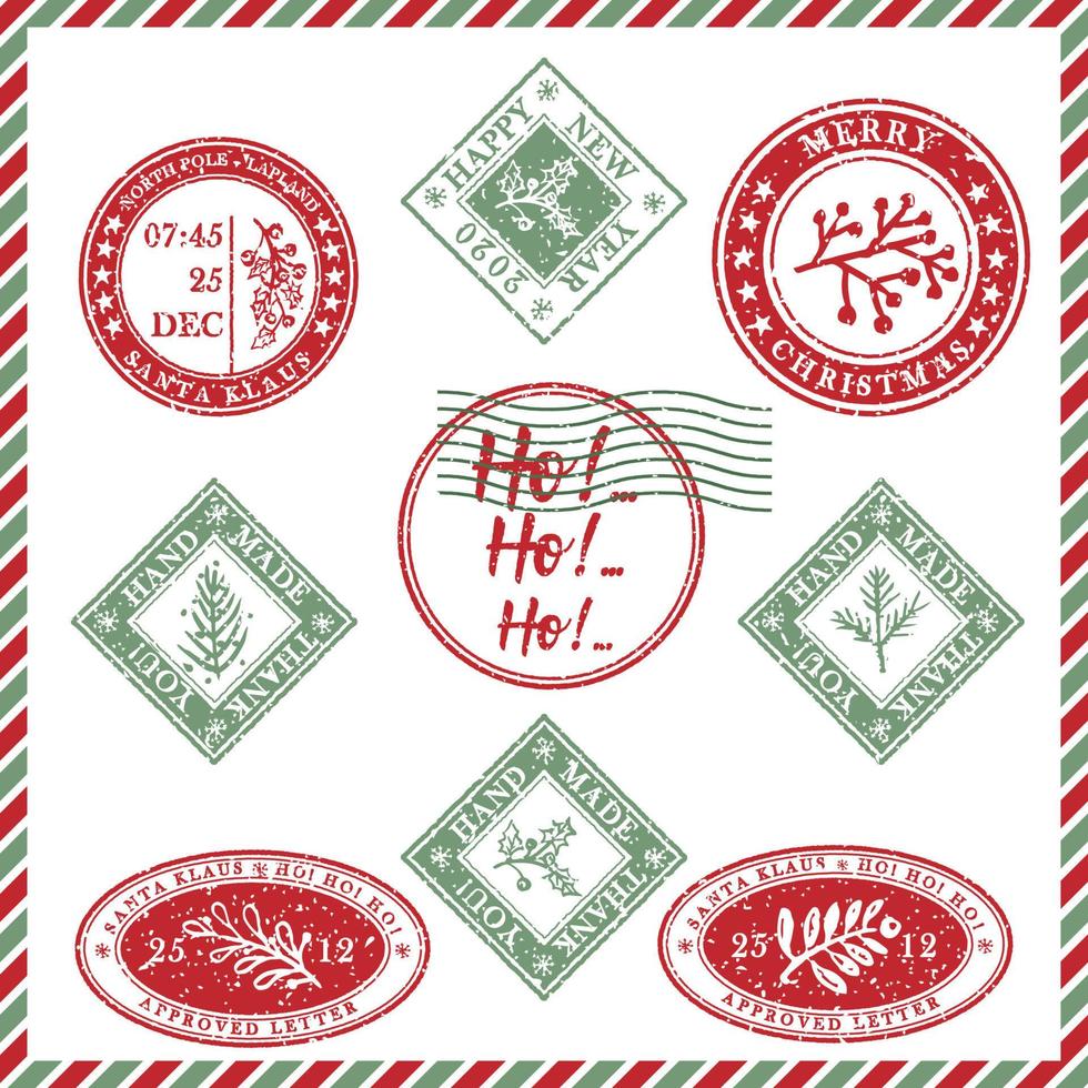 reeks van wijnoogst getextureerde grunge Kerstmis postzegel rubber met vakantie symbolen in rood, groen en blauw kleuren. voor Kerstmis groet kaart, uitnodigingen, web banier, uitverkoop flyers retro ontwerp vector