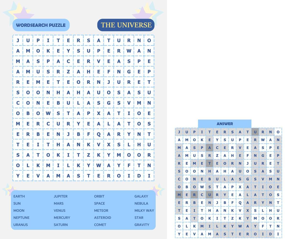 afdrukbare woord zoeken puzzel. pret woordenschat werkblad voor aan het leren Engels woorden. vind verborgen woorden. partij kaart. leerzaam spel voor kind en volwassen. de universum thema. vector