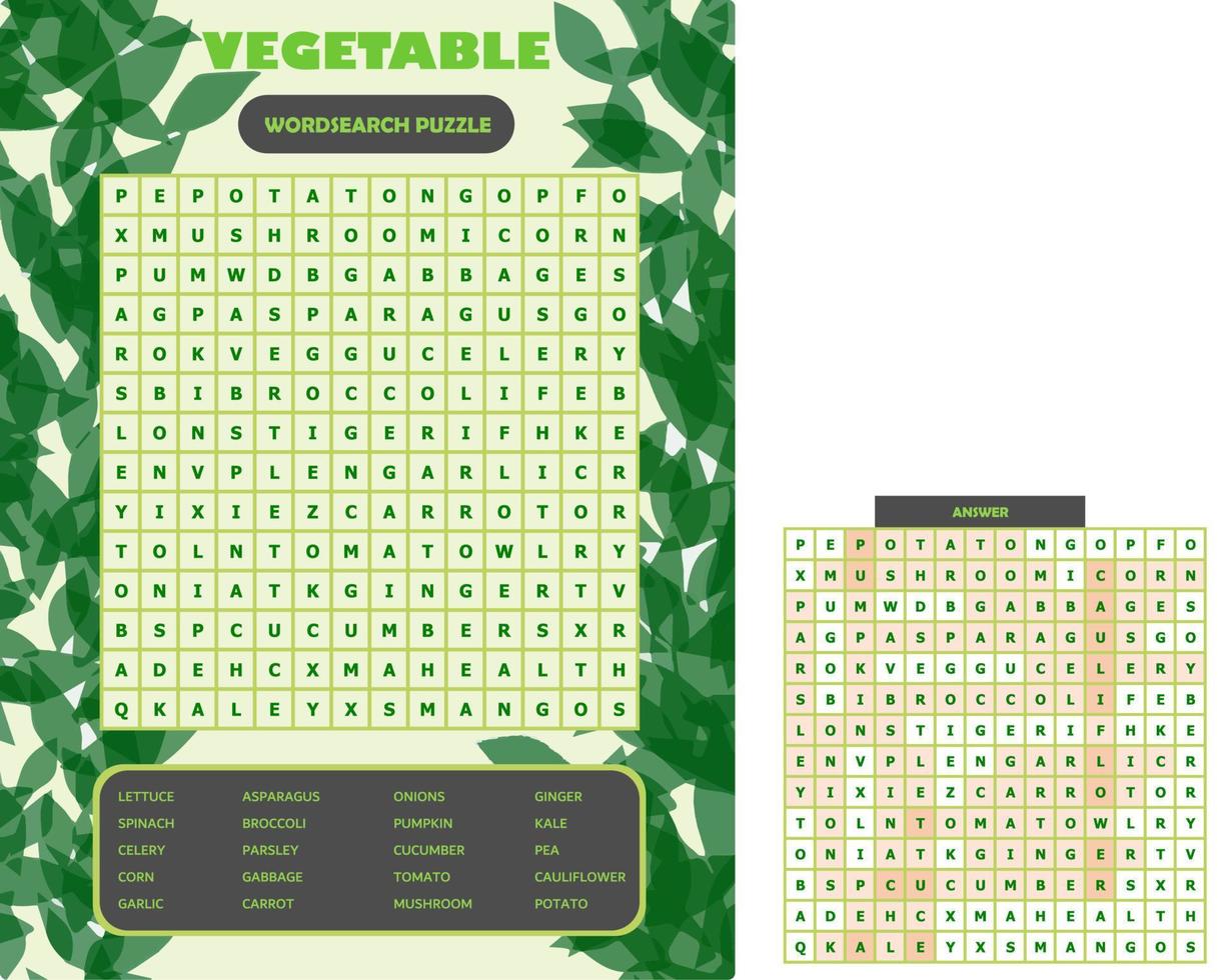 afdrukbare woord zoeken puzzel. pret woordenschat werkblad voor aan het leren Engels woorden. vind verborgen woorden. partij kaart. leerzaam spel voor kind en volwassen. groente thema. vector